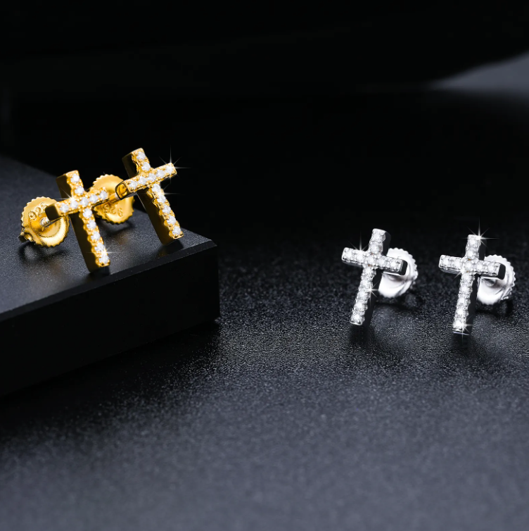 MOISSANITE SCREW BACK CROSS EARRINGS - GOLD - Sant Leclère
