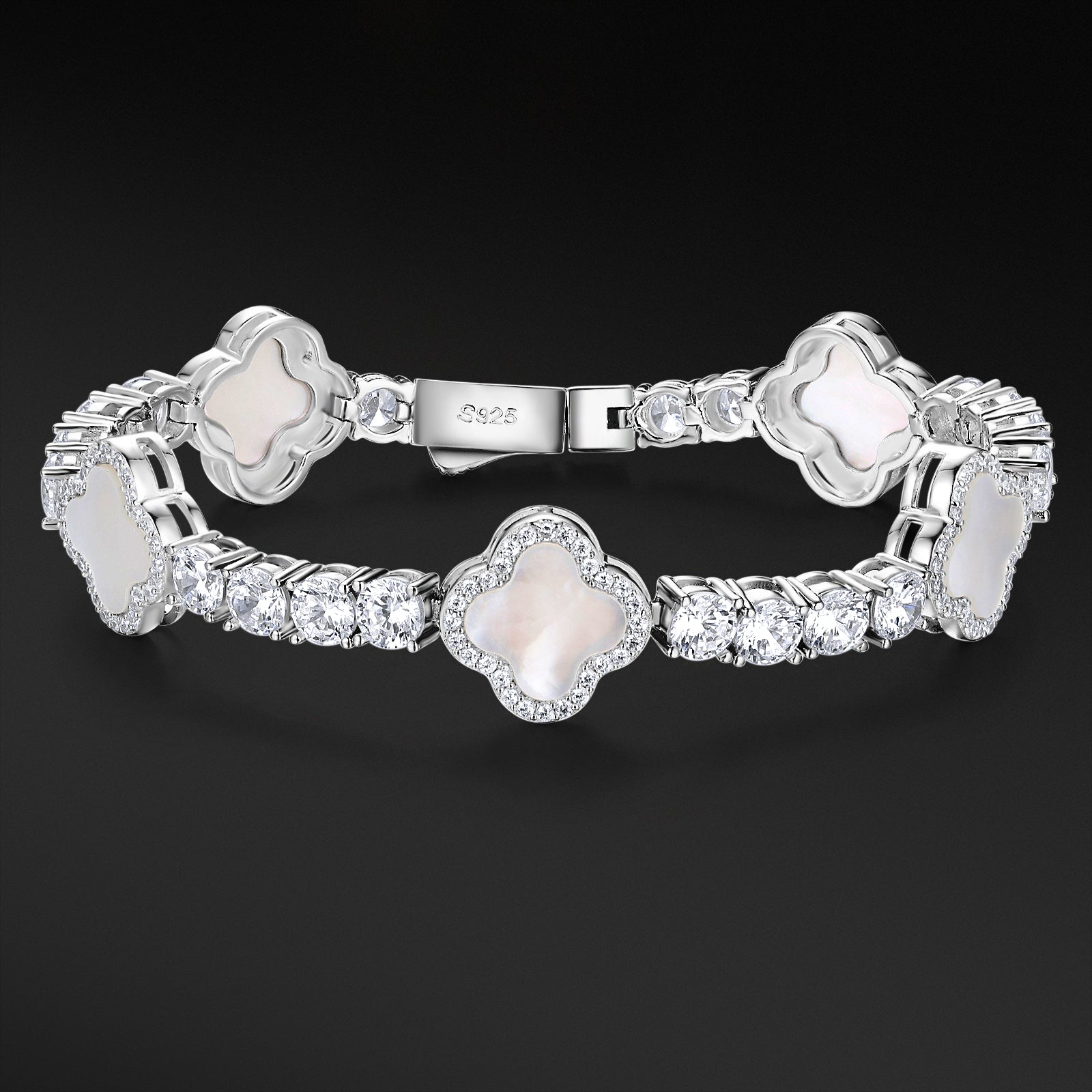 MOISSANITE PEARL CLOVER TENNIS BRACELET - WHITE GOLD 4MM - Sant Leclère
