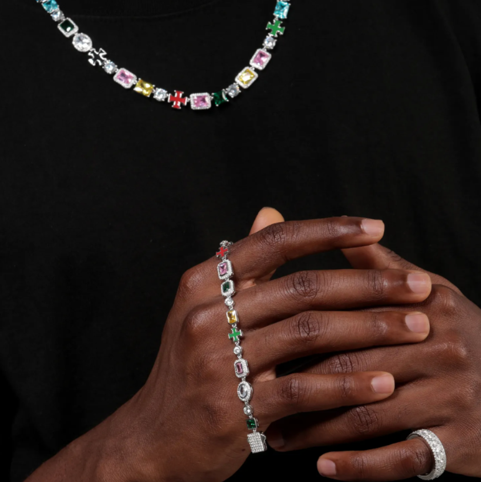 MOISSANITE CROSS & GEMSTONES CHAIN